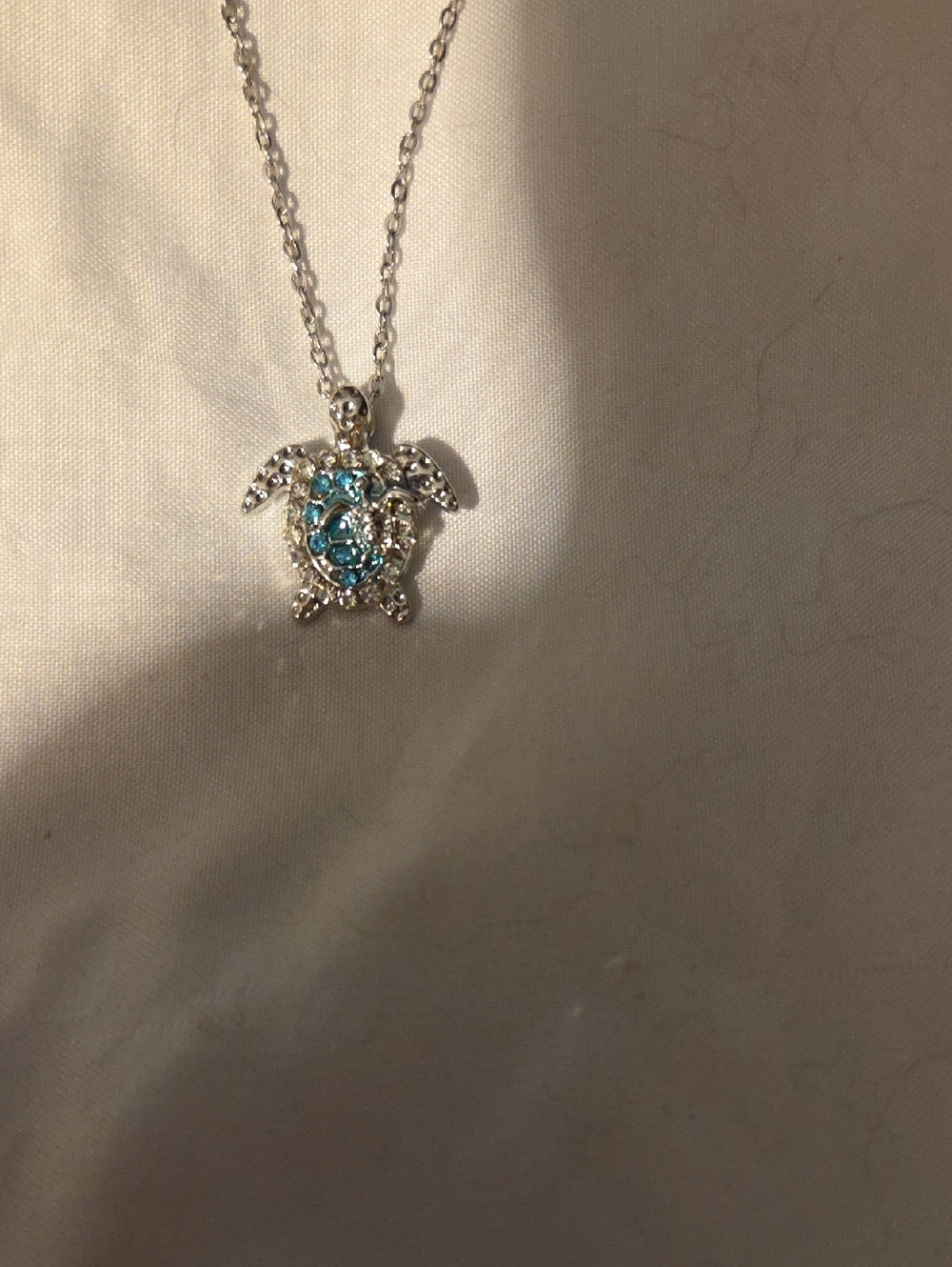 Silver Turtle Pendant Necklace with Blue Crystals